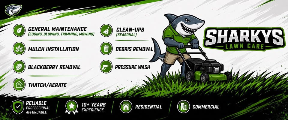 Sharky's Lawn Care polo-shark service list