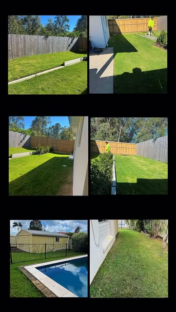 Six job photos: mowed yards, a worker blowing, a pool-side lawn, and a side yard